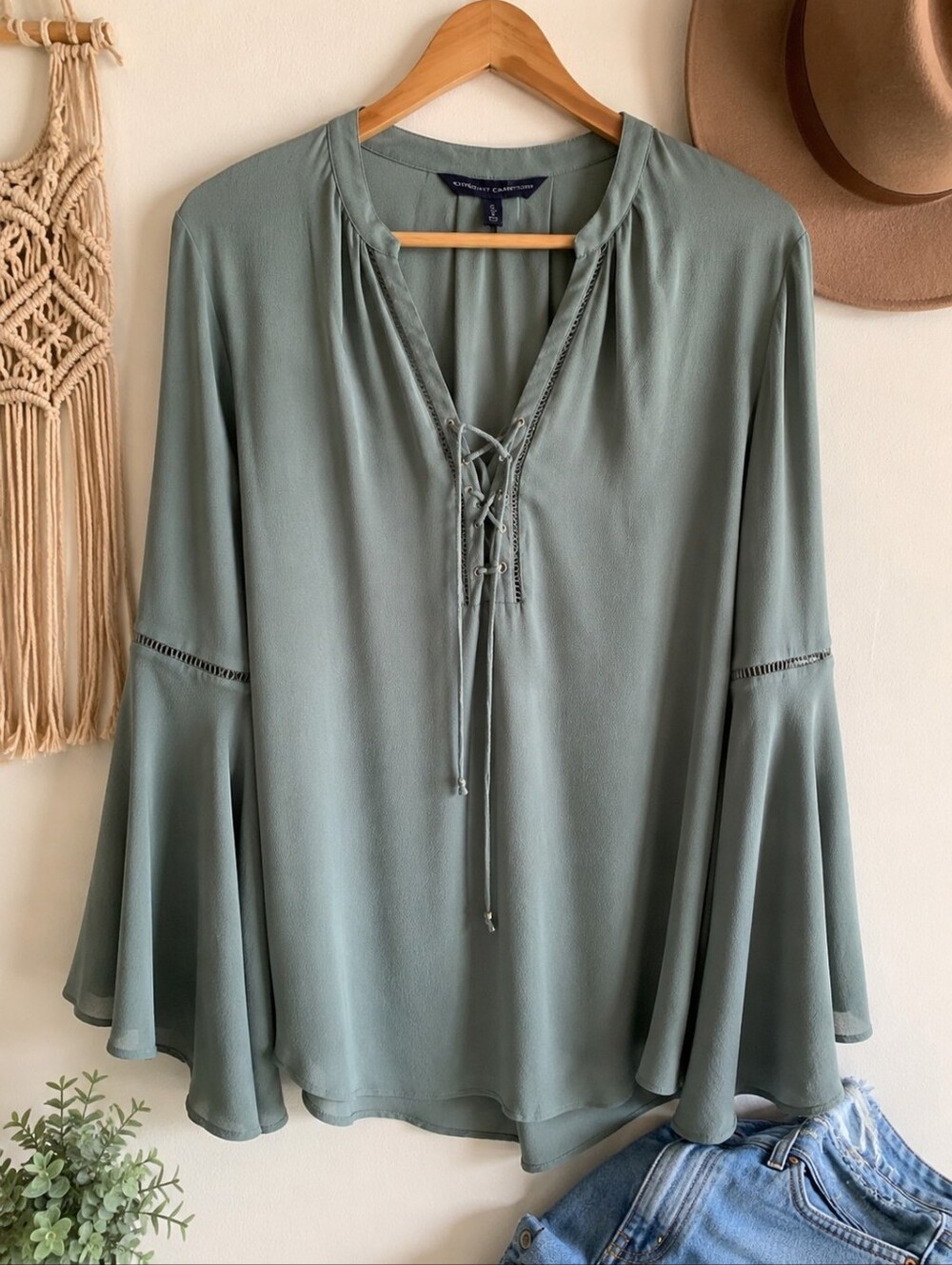 White House Black Market Sage Green Lace Up Bell Sleeve Blouse Size 12